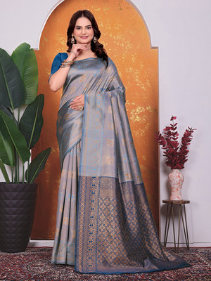 maayro Embellished Banarasi Silk Blend Saree(Grey)