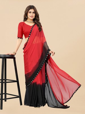 LADY SHOPI Hand Painted Bollywood Chiffon Saree(Black, Red)