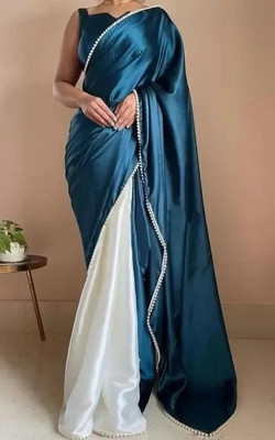 legacyethnic Solid/Plain Bollywood Silk Blend Saree(Blue, White)