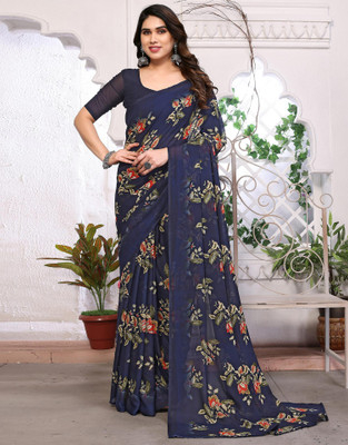 Anmi Floral Print, Printed Daily Wear Chiffon, Georgette Saree(Dark Blue, Multicolor)