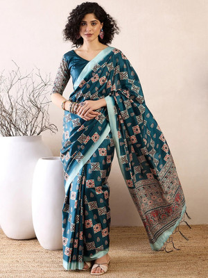 Sareemall Printed Bollywood Cotton Silk Saree(Dark Blue)