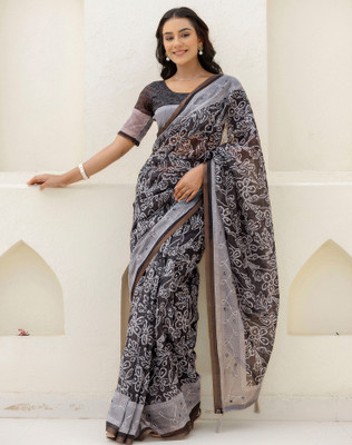 Tasrika Printed Daily Wear Cotton Blend Saree(Grey)