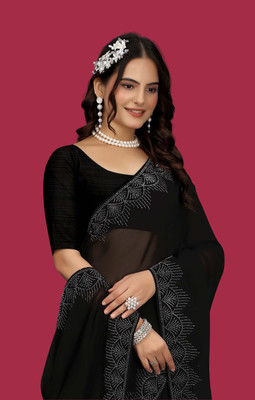 riyanshi fashion Self Design, Embellished, Solid/Plain Saree with Attached Blouse Georgette Saree(Black)