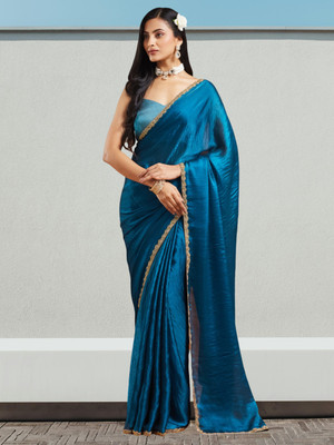 Croza Solid/Plain, Embellished Bollywood Silk Blend Saree(Blue)