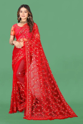 NIYANTAKSH Embroidered Bollywood Net Saree(Red)