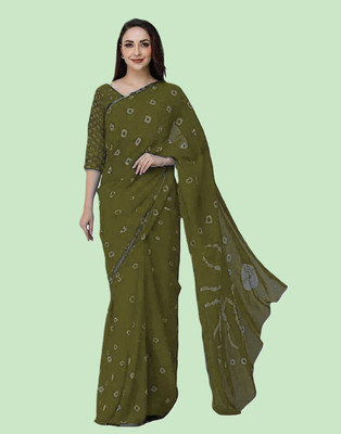 SainiVastra Printed Bandhani Chiffon Saree(Dark Green)
