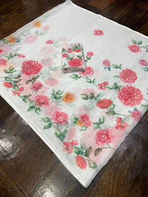 Mervadiya Floral Print Kanjivaram Cotton Linen, Linen Saree(White)