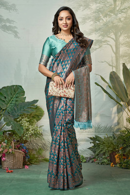 Tasrika Embellished, Woven Banarasi Silk Blend Saree(Dark Blue)