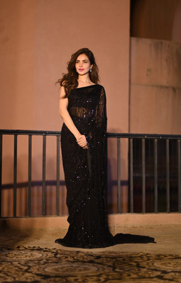 K D FASHION Embroidered Bollywood Georgette Saree(Black)