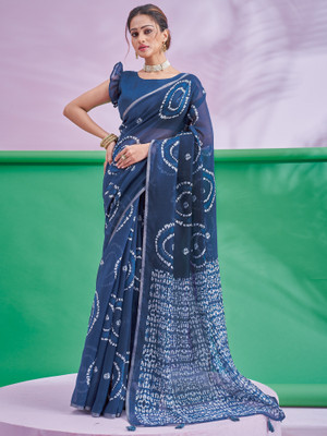 Tasrika Printed Hand Batik Cotton Linen Saree(Dark Blue)