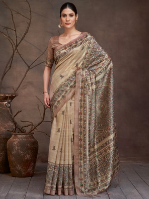 Tasrika Printed Banarasi Cotton Silk Saree(Beige)