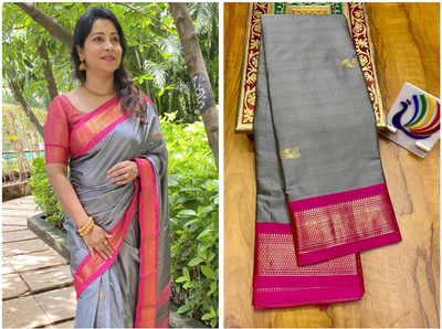 Fab Silk Woven Paithani Cotton Silk Saree(Pink, Grey)