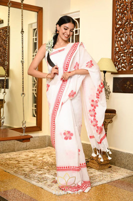 SOUMEN CREATION Printed Bollywood Handloom Cotton Blend Saree(White)
