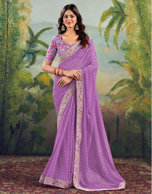 Satrani Embellished, Embroidered, Printed Bandhani Georgette, Lace Saree(Purple)