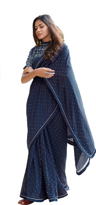 RAJESHWAR FASHION Printed, Solid/Plain Bollywood Cotton Linen, Cotton Silk Saree(Blue)