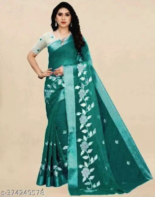 GLOWMOROUS Embroidered Bollywood Cotton Silk Saree(Dark Green)