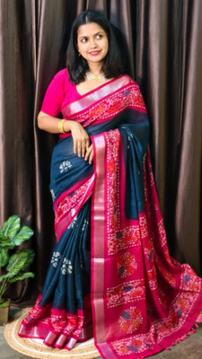Suto Printed, Floral Print Bandhani Linen Saree(Blue, Pink)
