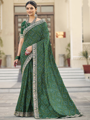 Sareemall Embellished Bandhani Silk Blend Saree(Green)