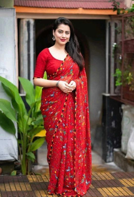 JMDF Printed Daily Wear Georgette Saree(Red)