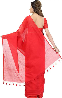 BongSaree Solid/Plain Handloom Handloom Cotton Blend Saree(Red)