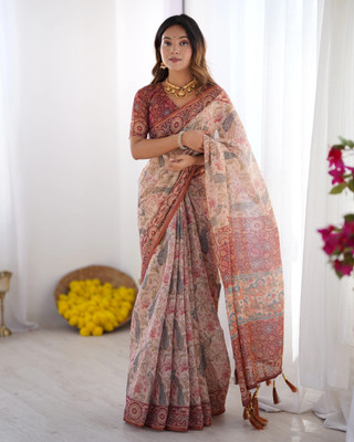 DHAYNAAND REEWA FASHION Digital Print Kalamkari Linen Saree(Cream)