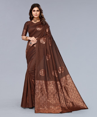 YASHIKA Printed, Self Design Banarasi Cotton Silk, Jacquard Saree(Brown)