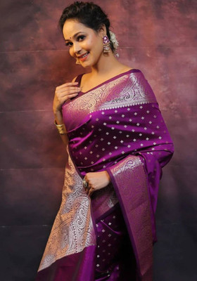 HouseOfCommon Printed Banarasi Art Silk, Jacquard Saree(Magenta)