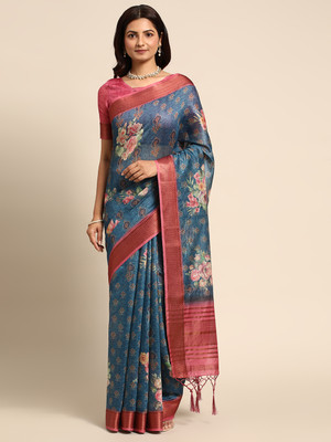 RekhaManiyar Embellished Bollywood Linen Saree(Blue)