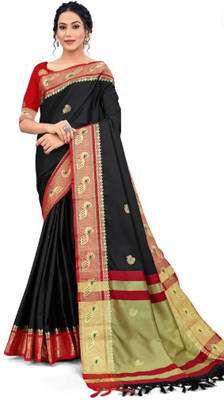 IRHA ENTERPRISE Woven Paithani Cotton Silk Saree(Black)