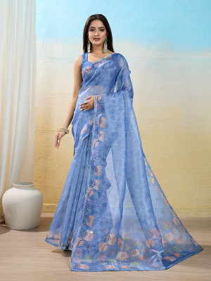 Divastri Digital Print, Printed, Embellished Bollywood Organza Saree(Blue)