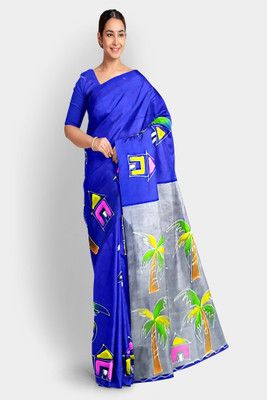 PRIDE SALES Hand Painted Handloom Cotton Blend Saree(Blue)