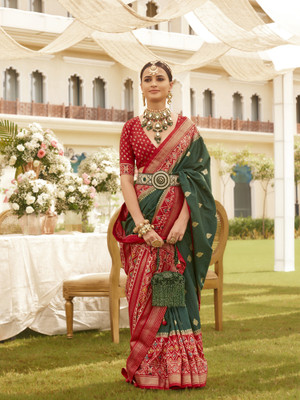 Elora Printed Patola Silk Blend Saree(Dark Green)