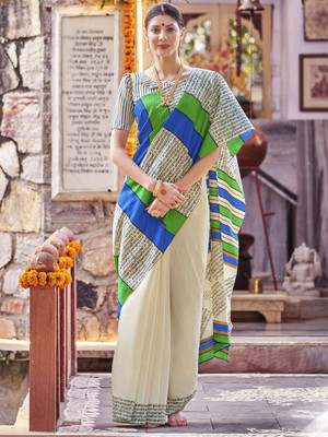 Anouk Rustic Printed Daily Wear Silk Blend Saree(Cream)
