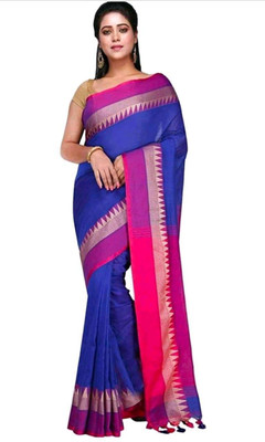 BiswasTextiles Self Design Handloom Cotton Blend Saree(Blue)