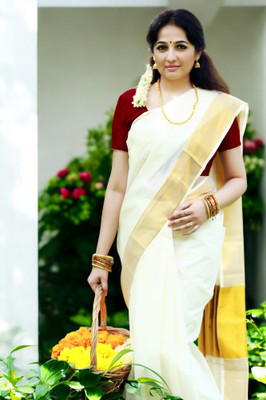 THE52 Self Design Kasavu Cotton Silk Saree(White)