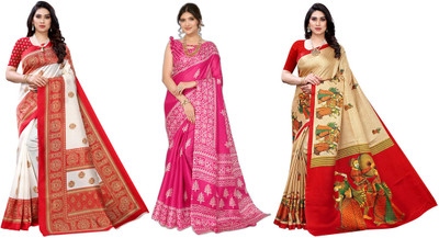 YASHIKA Woven Daily Wear Art Silk Saree(Pack of 3, Red, Pink, Beige)
