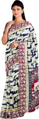 OST Printed, Animal Print, Floral Print Kalamkari Cotton Silk Saree(Dark Blue)