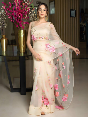 ANOUK Printed Chanderi Georgette Saree(Cream)