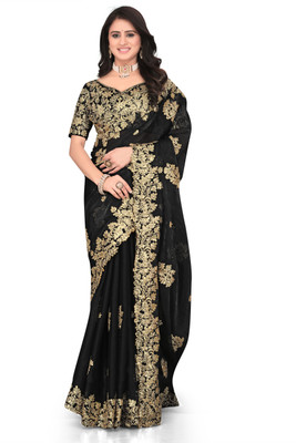 Brahmani Creation Embroidered Kanjivaram Silk Blend Saree(Black)