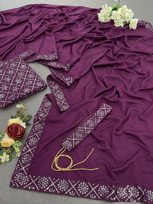 Pionex Solid/Plain, Embroidered Bollywood Chiffon, Silk Blend Saree(Purple)