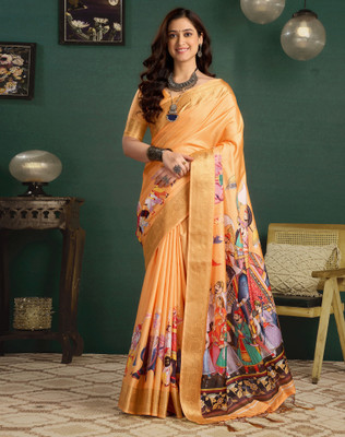 Tasrika Printed, Woven, Embellished Kalamkari Tussar Silk Saree(Orange)