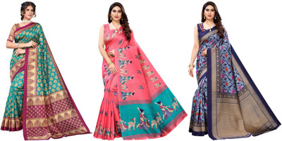 ANIRAV Printed Bhagalpuri Art Silk Saree(Pack of 3, Multicolor)