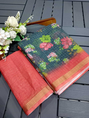 Saaransh Floral Print Kanjivaram Linen, Cotton Silk Saree(Multicolor)