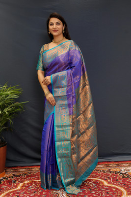 ALPENIKA Embellished Kanjivaram Jacquard, Silk Blend Saree(Blue)