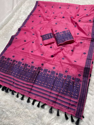 Skiran's Woven Mekhela Chador Cotton Blend Saree(Pink)
