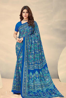 REBOOT FASHIONS Floral Print Bollywood Crepe Saree(Blue)