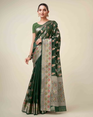 Divastri Floral Print Kanjivaram Organza Saree(Dark Green)