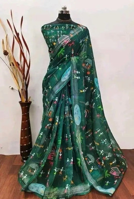 VCREATION Digital Print Bollywood Linen Saree(Green)
