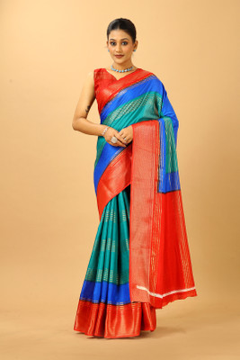Virendra Textiles Printed Daily Wear Cotton Blend Saree(Red)