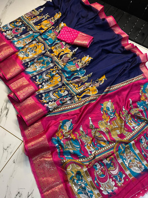 RegalDrapes Printed, Woven Kalamkari Jacquard, Silk Blend Saree(Dark Blue)